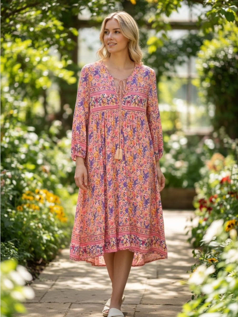 R Vivimos Bohemian Pink Floral Tassel Midi Dress